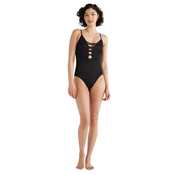 Lace Up One Piece Swimsuit, Black - Picture 3 of 6